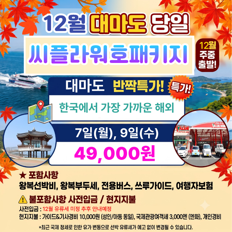 캔디투어[부산출발]12월 일본 대마도 당일치기 관광쇼핑 면세점 패키지여행